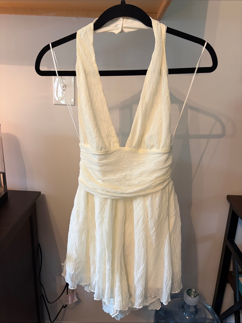 Fashion Nova Ivory Halter V-Neck Romper with Wrapped Waist